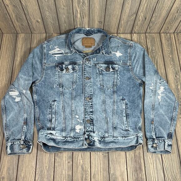 American Eagle Flex Men Denim Jean Trucker Jacket Distressed L Classic Americana - Picture 1 of 6